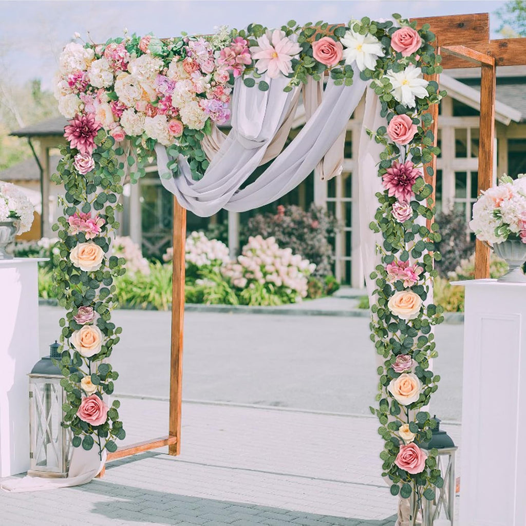 Flower Garland Decorations, 6.07Ft Pink Floral Rose Garland, Artificial Eucalyptus Greenery Vines with Flowers