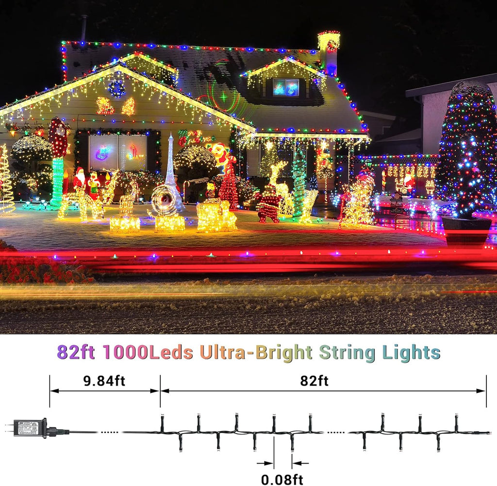 82ft 1000 LED Cluster Christmas Lights - Dark Green Wire Christmas Tree Lights - 8 Modes Outdoor Waterproof Christmas