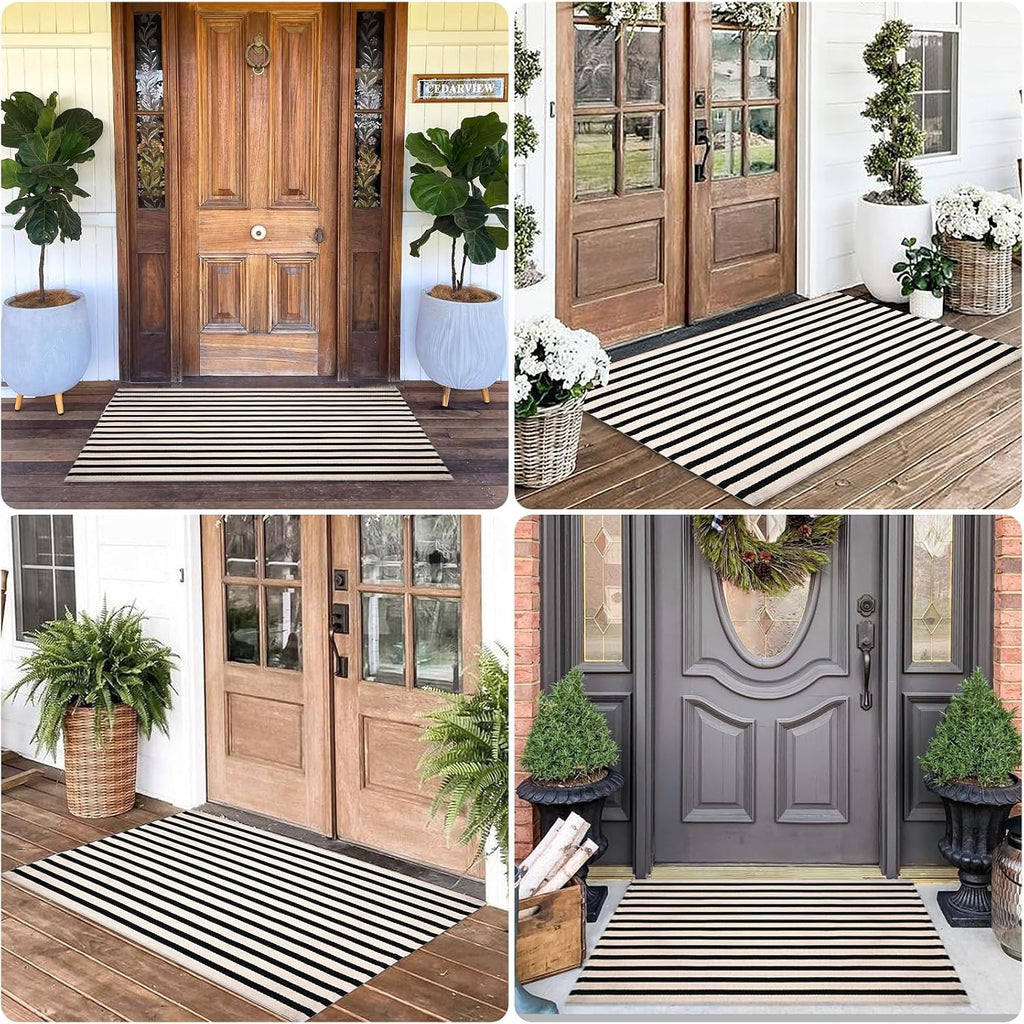 Black and Ivory Striped Area Rug, Cotton Woven Farmhouse Rug and Covered Porch, Reversible Washable Modern
