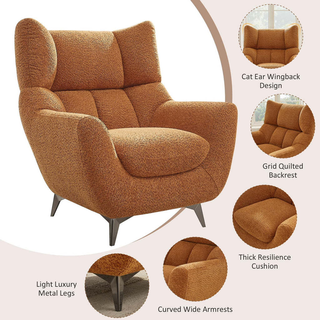 34.6" Oversized Accent Chair with WingBack, Teddy Boucle Curry