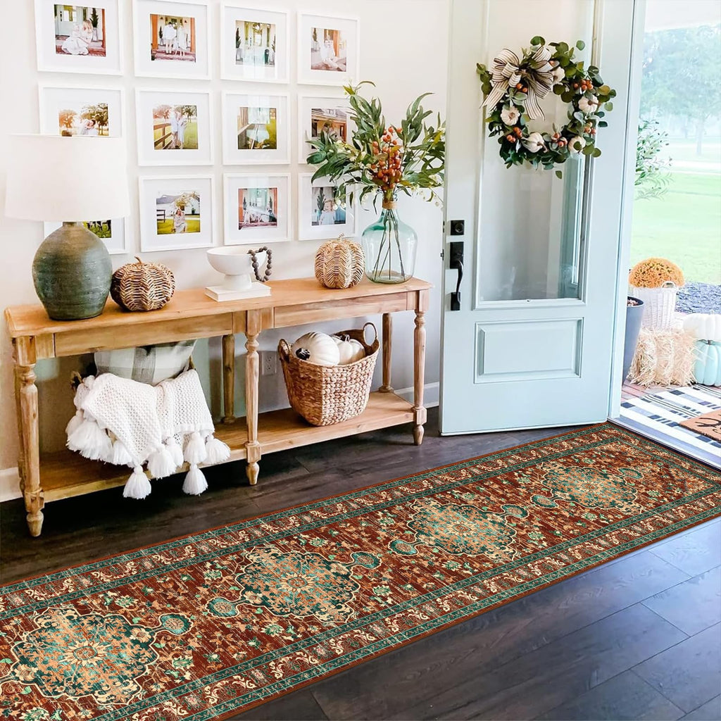 Boho Hallway Runner Rug, Washable Carpet, Rust&Teal
