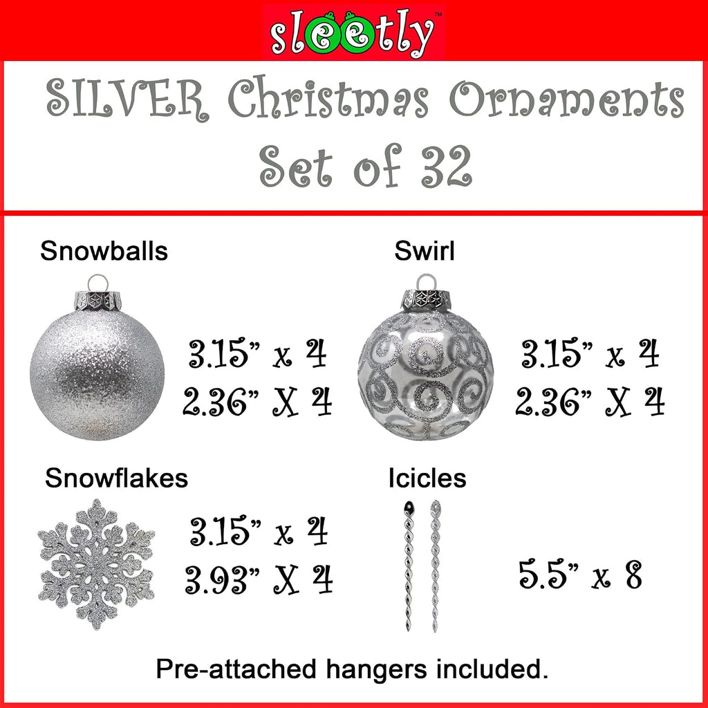 Silver Christmas Ball Ornaments Set for Tree Decor, Shimmer & Swirl