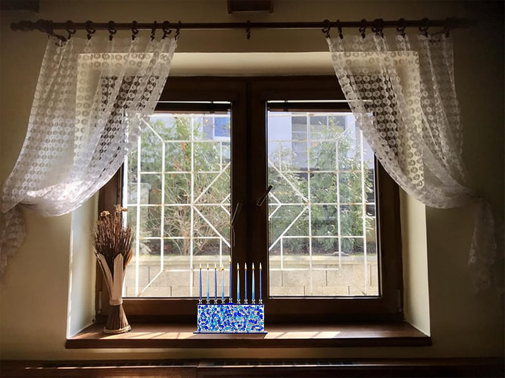 Blue & White Confetti Glass Chanukah - Handcrafted Painted Glass - Fits Standard Candles