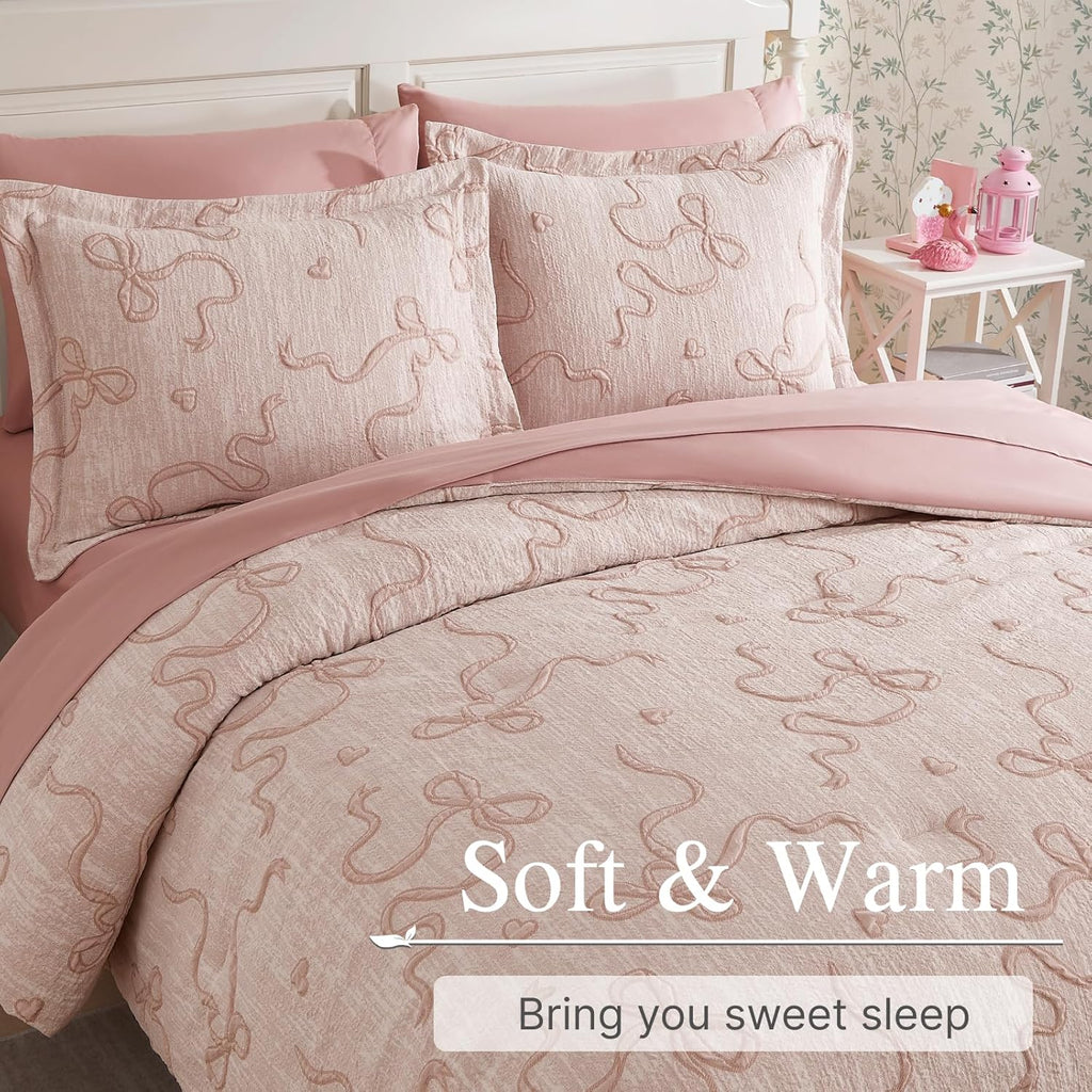 Pink Full Comforter Set for Girls- 7 Pieces Bowknot Jacquard Bed in A Bag Full Bedding Sets with Sheets, Pillowcases