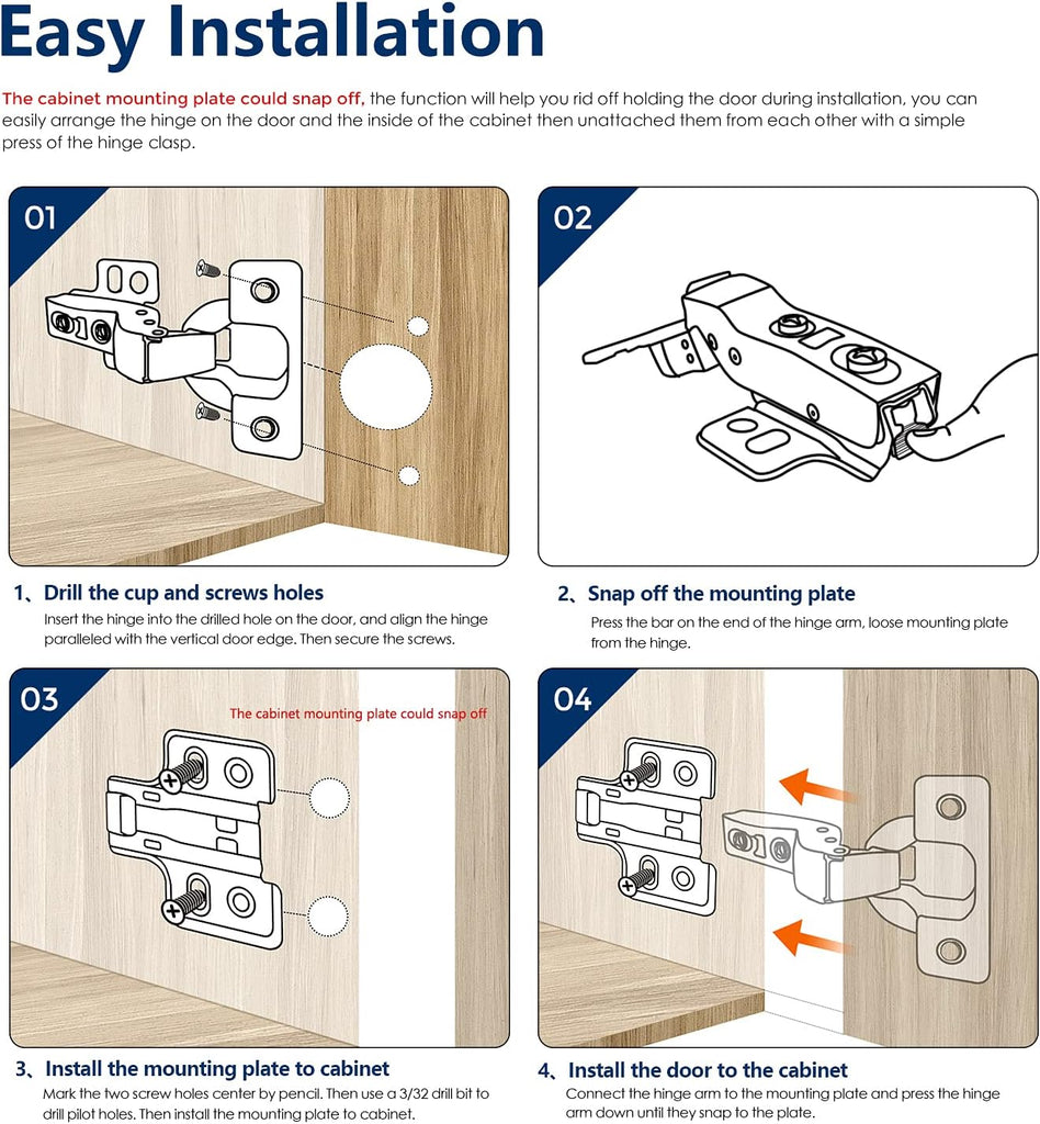 60 Pack 30 Pairs European Kitchen Cabinet Hinges Soft Close Full Overlay Door Heavy-Duty Frameless Adjustable Concealed