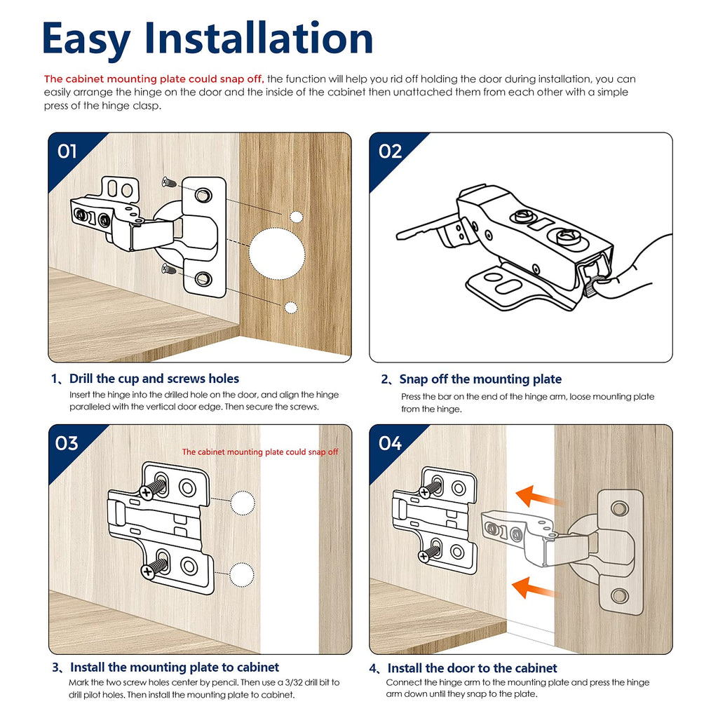 European Kitchen Cabinet Hinges, Soft Close, Insert, 60 Pack