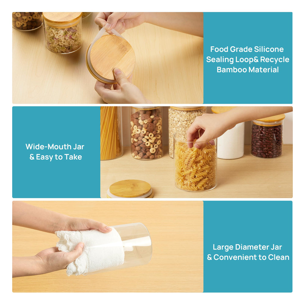 Glass Food Storage Jars, 7 Pack Kitchen Containers with Airtight Bamboo Wooden Lids for Pasta, Cookies, Nuts, Coffee