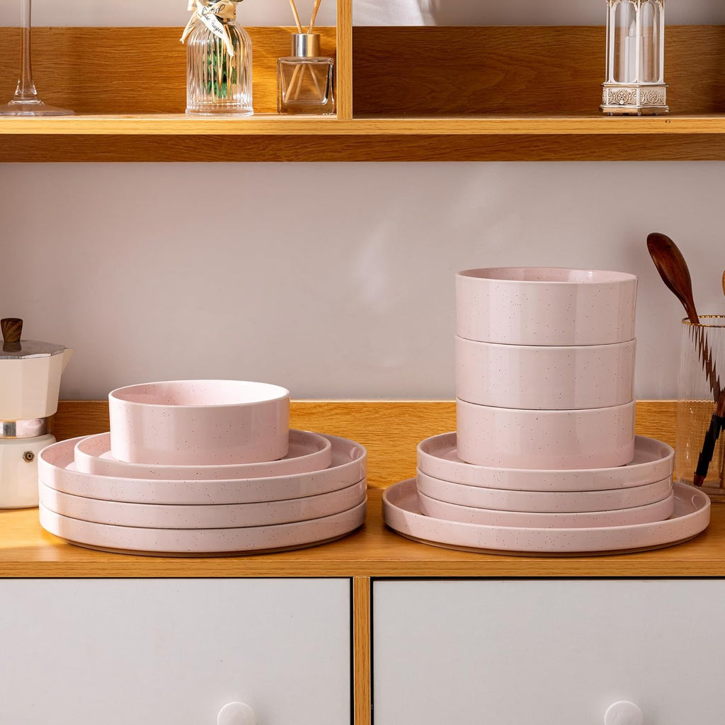 Ceramic Dinnerware Set for 4 | Speckled Stoneware Plates and Bowls with unglazed terracotta | Scratch Resistant