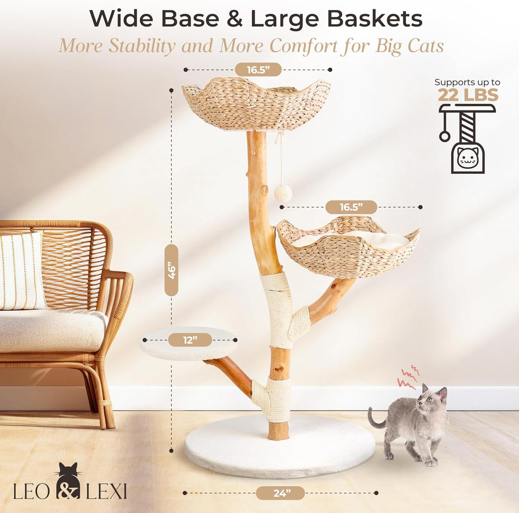 Aesthetic, Real Wood Modern Cat Tree. 46 inches Tall, Sturdy, Solid Natural Wood Tower for Large Cats. Scratching