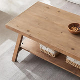Farmhouse Coffee Table,Solid Wood Center Tables with Storage Shelves & Sturdy A-Shaped Legs
