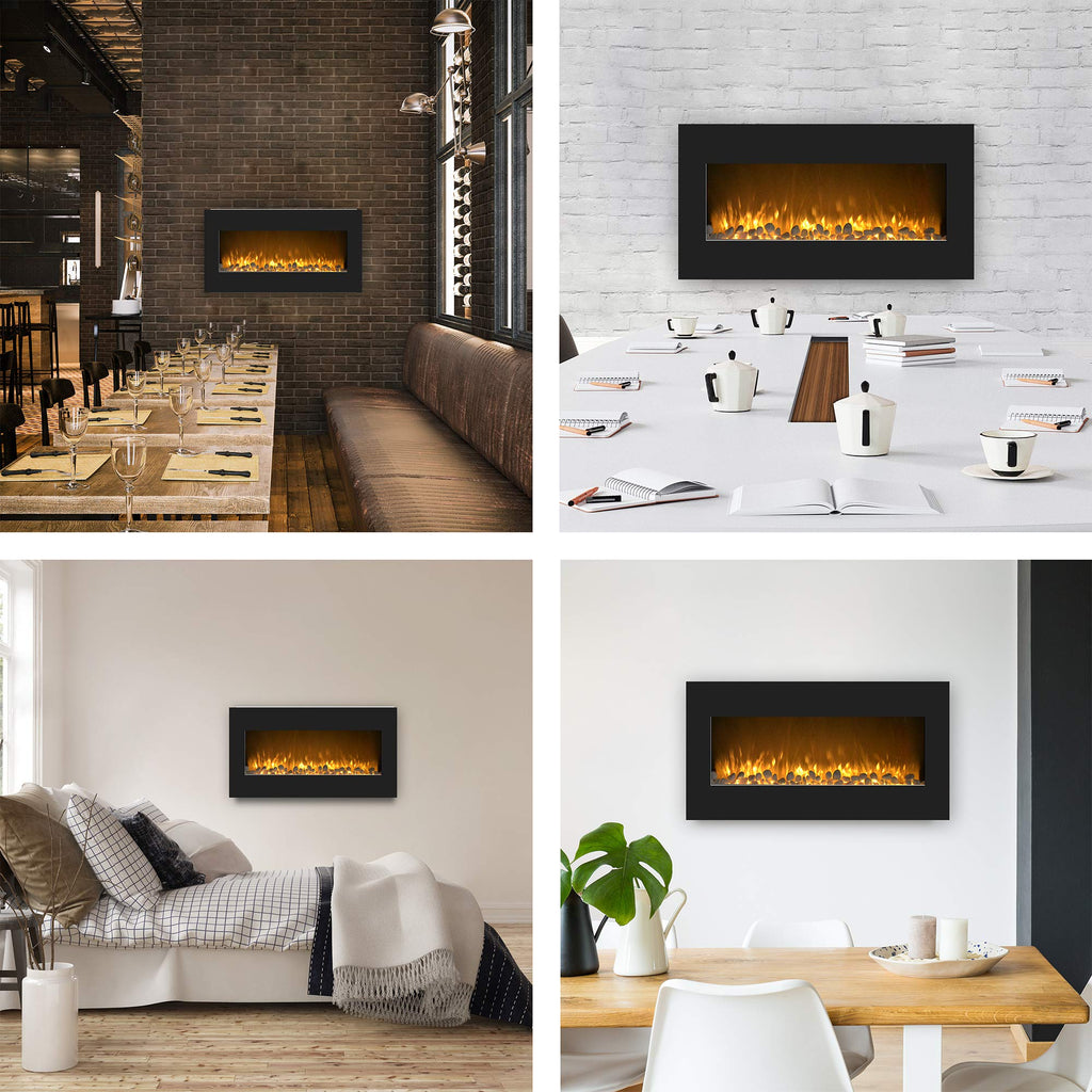 36-Inch Wall Mounted Electric Fireplace - Modern Fireplace with Floor Stand, Remote, and Adjustable Heat and