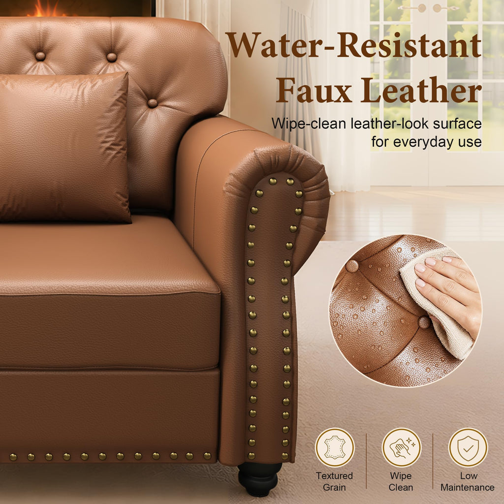 41.3'' Faux Leather Chesterfield Sofa & Ottoman Set, Brown