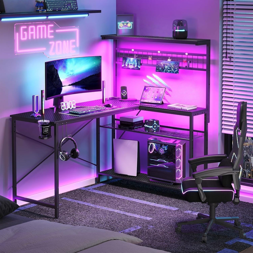 51" L Gaming Desk with Power Outlets LED Lights, Carbon Fiber Black | Reversible Design, LED Lights, Power Outlets