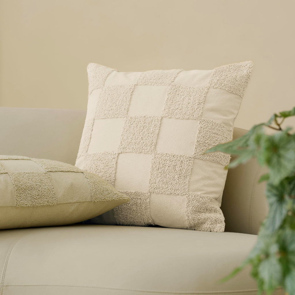 Stitch 100% Cotton Tufted Boho Checkered Throw Pillow Covers, Beige