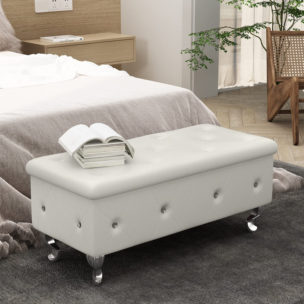 37.4 Inch Storage Ottoman Bench, Luxury Button Tufted Storage Bench with Safety Hinge, Upholstered Ottoman Footrest