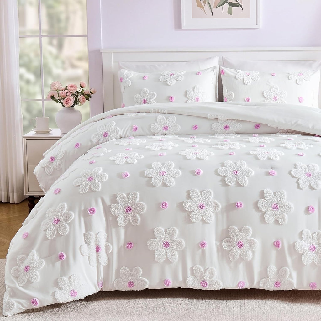 Full Comforter Set for Girls 3 Pieces Soft Pink Tufted Daisies Flowers Bedding Set Bed in A Bag Cute Floral Comforter