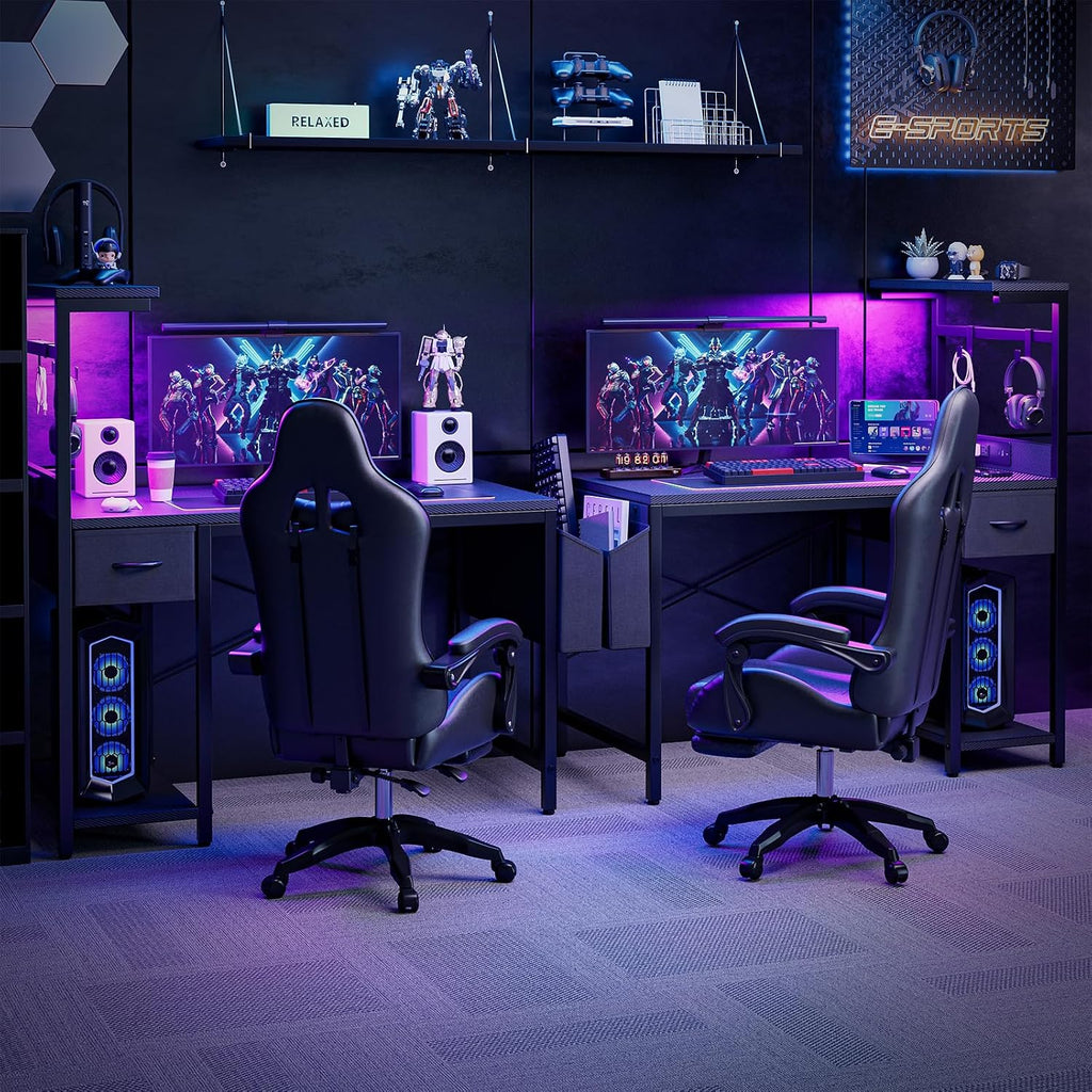 Gaming Desk 40 Inch with Power Outlet and LED Light, Computer Desk with Reversible Shelves and Storage Drawer, Pc