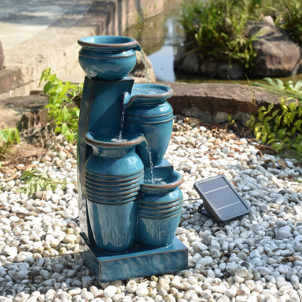 28.74 in. 4-Tier Cascading Bowl Solar-Powered Water Fountain with LED Lights for Gardens, Landscaping, Patios