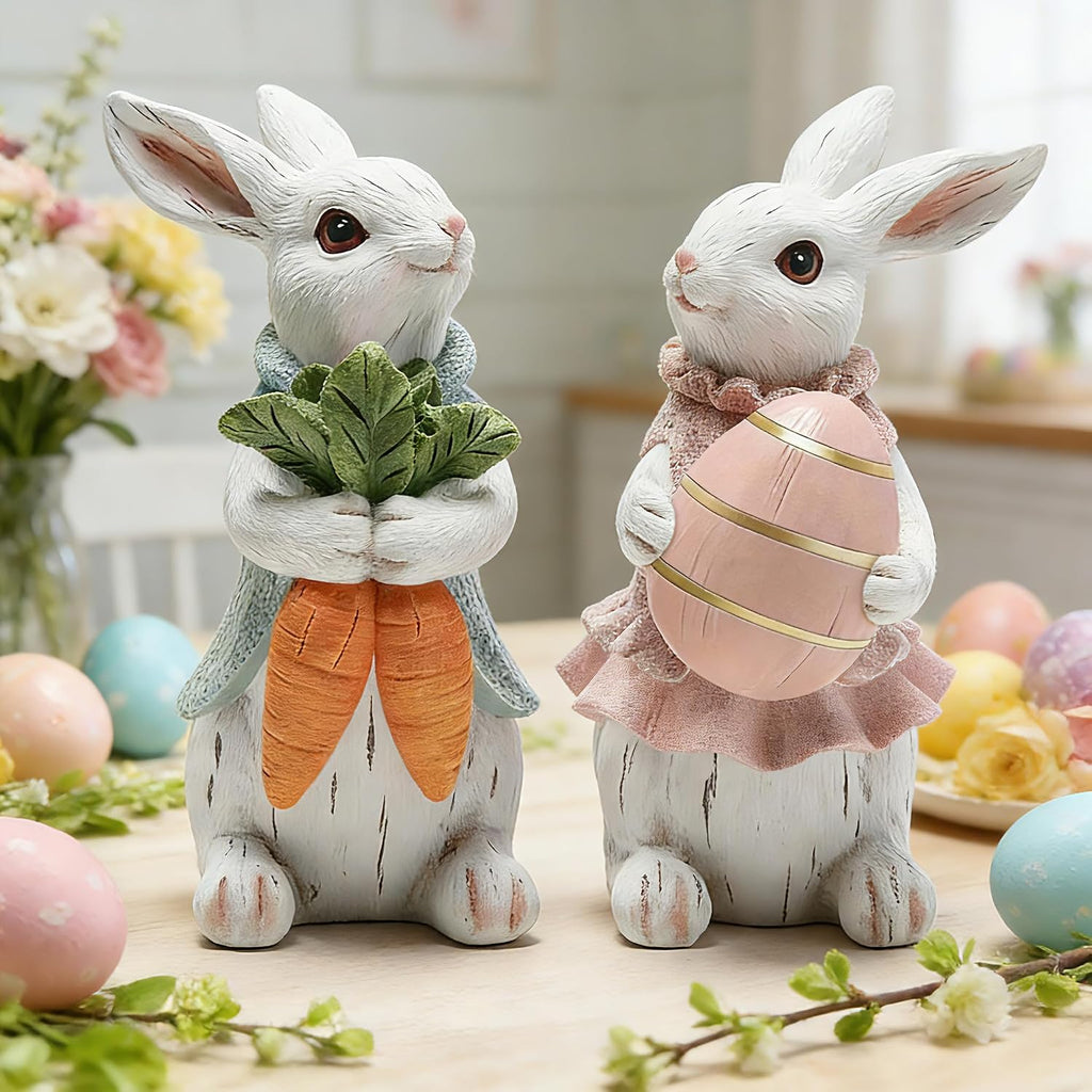 Easter Decorations - Resin White Easter Bunny - Small Bunny Statues Figurines Decor Table Centerpieces - Set of 2