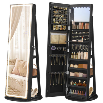 LED Mirror Jewelry Cabinet Standing, Adjustable Lights, Lockable