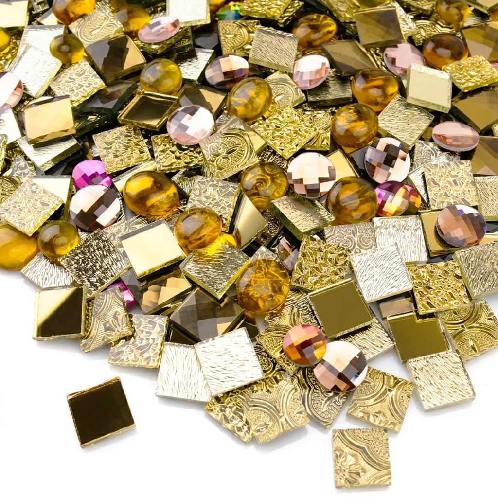1000g 20MM Golden Mirror Glass Tiles for DIY Mosaic, Assorted Textured Square Tiles and Faceted Glass Gems in
