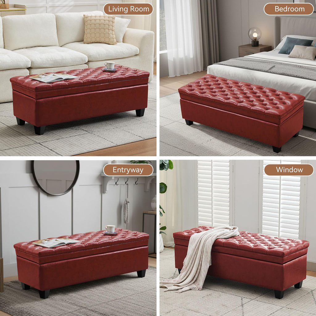 50" Faux Leather Storage Ottoman Bench, End of Bed Upholstered Rectangle Storage Ottoman Tufted Living Room Bedroom
