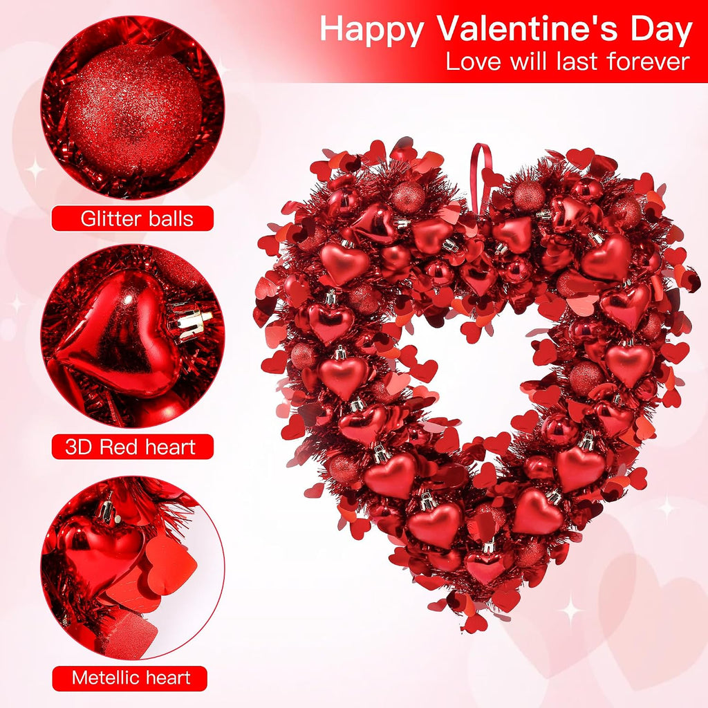 17.7" Heart Shaped Wreath Valentine's Day Red Heart Wreath for Front Door Wedding Party Anniversary Wall Decor Gift