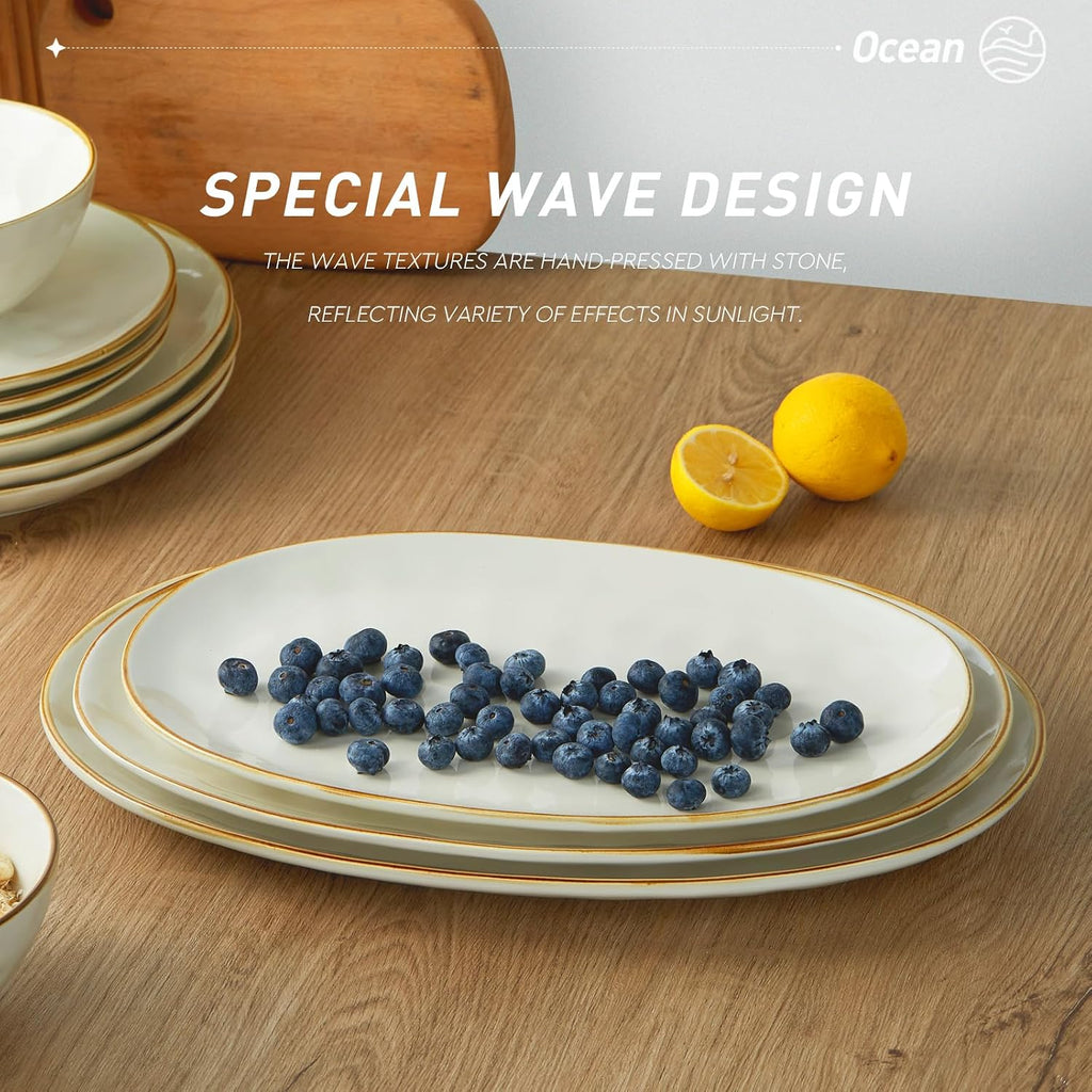 Serving Platters Set of 3 Sizes - Oval, Vanilla White | 15.59"/14.3"/12.9" Fine Stoneware Serving Trays for Party