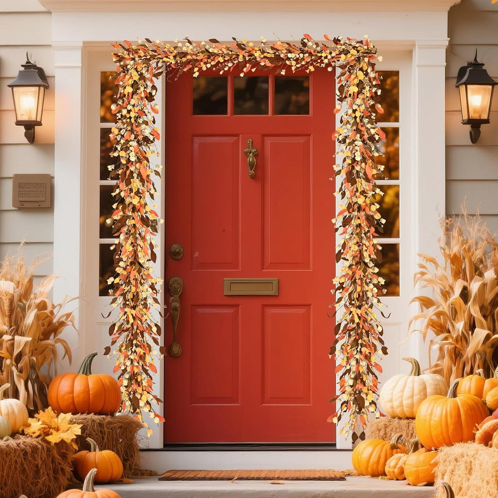 Fall Decor, Fall Garland with Lights, 6FT Autumn Eucalyptus Leaves Lighted Garland Thanksgiving Harvest Festival - Set of 6
