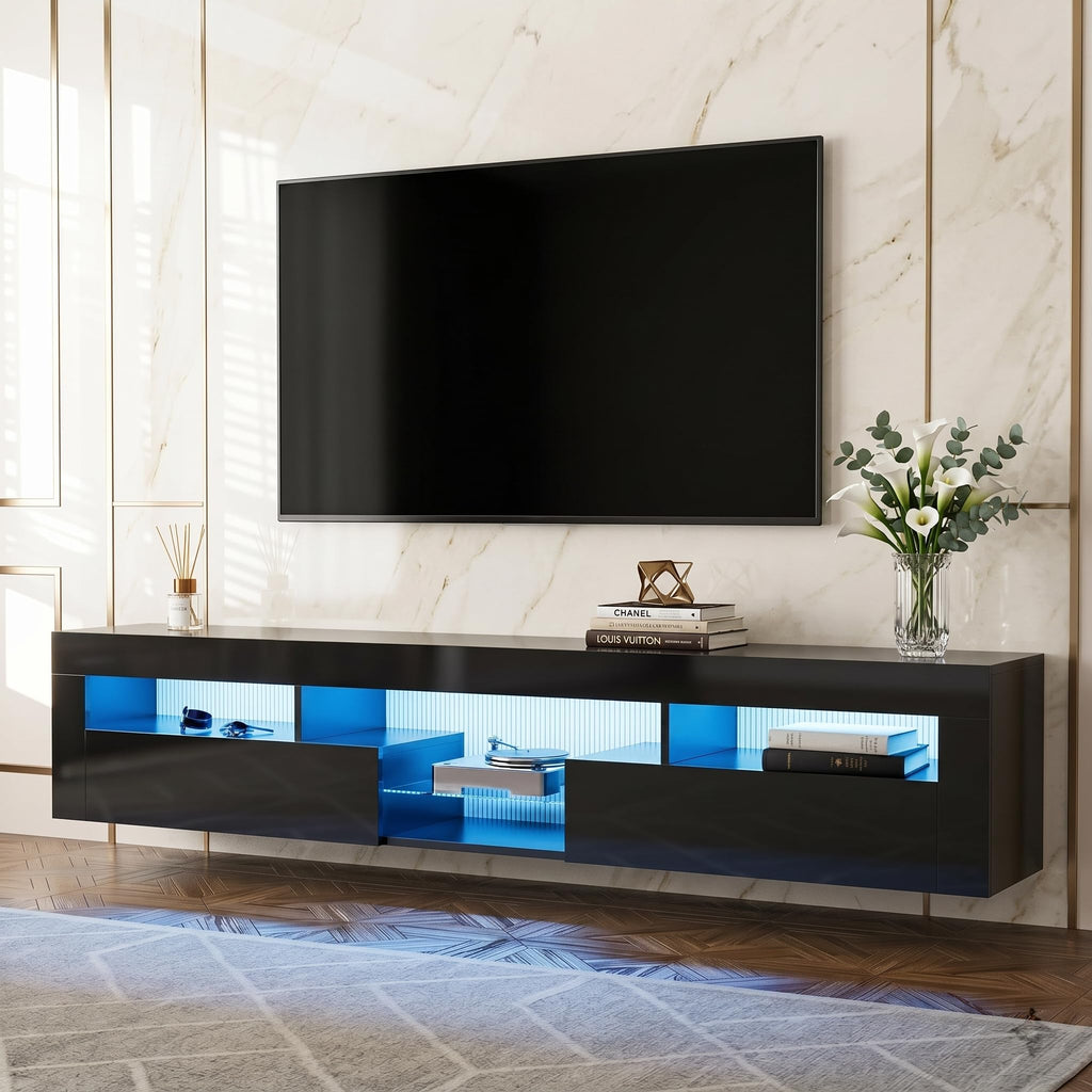 High Gloss LED Floating with 2 Cabinets, Glass Shelf, Black