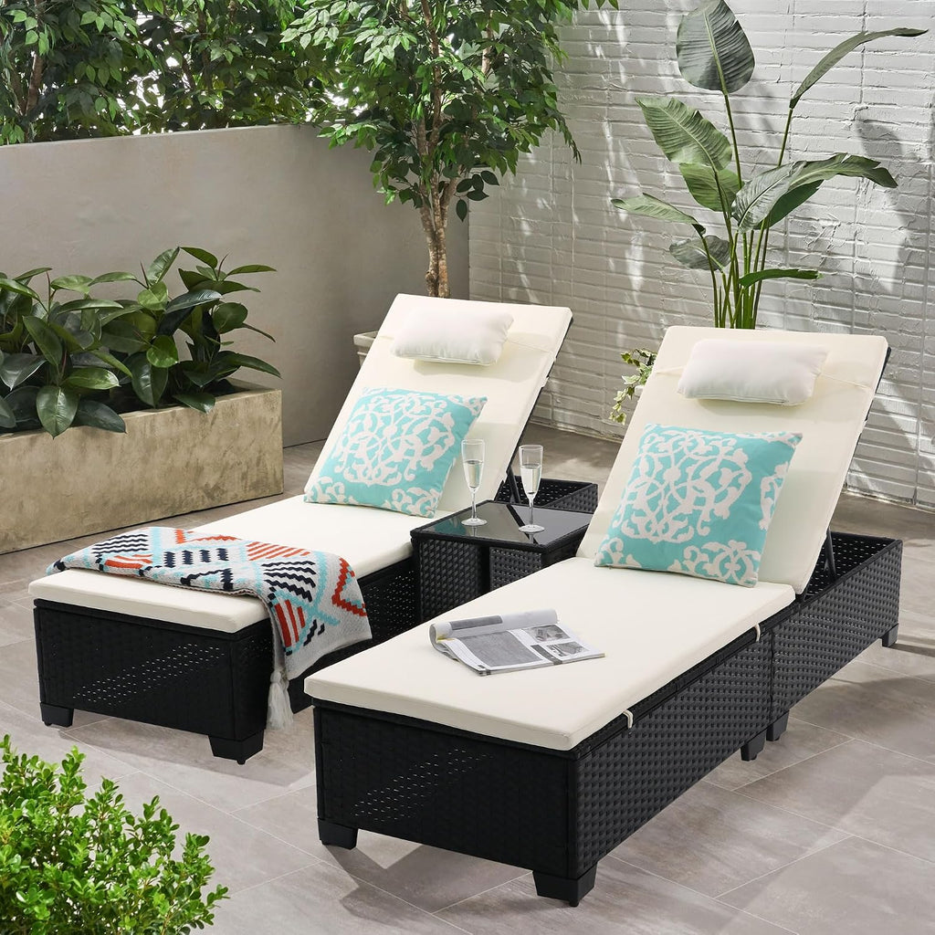 3-Piece Outdoor Lounge Chairs Set, Chaise Lounge Patio Chairs with Coffee Table, Adjustable Wicker Chairs