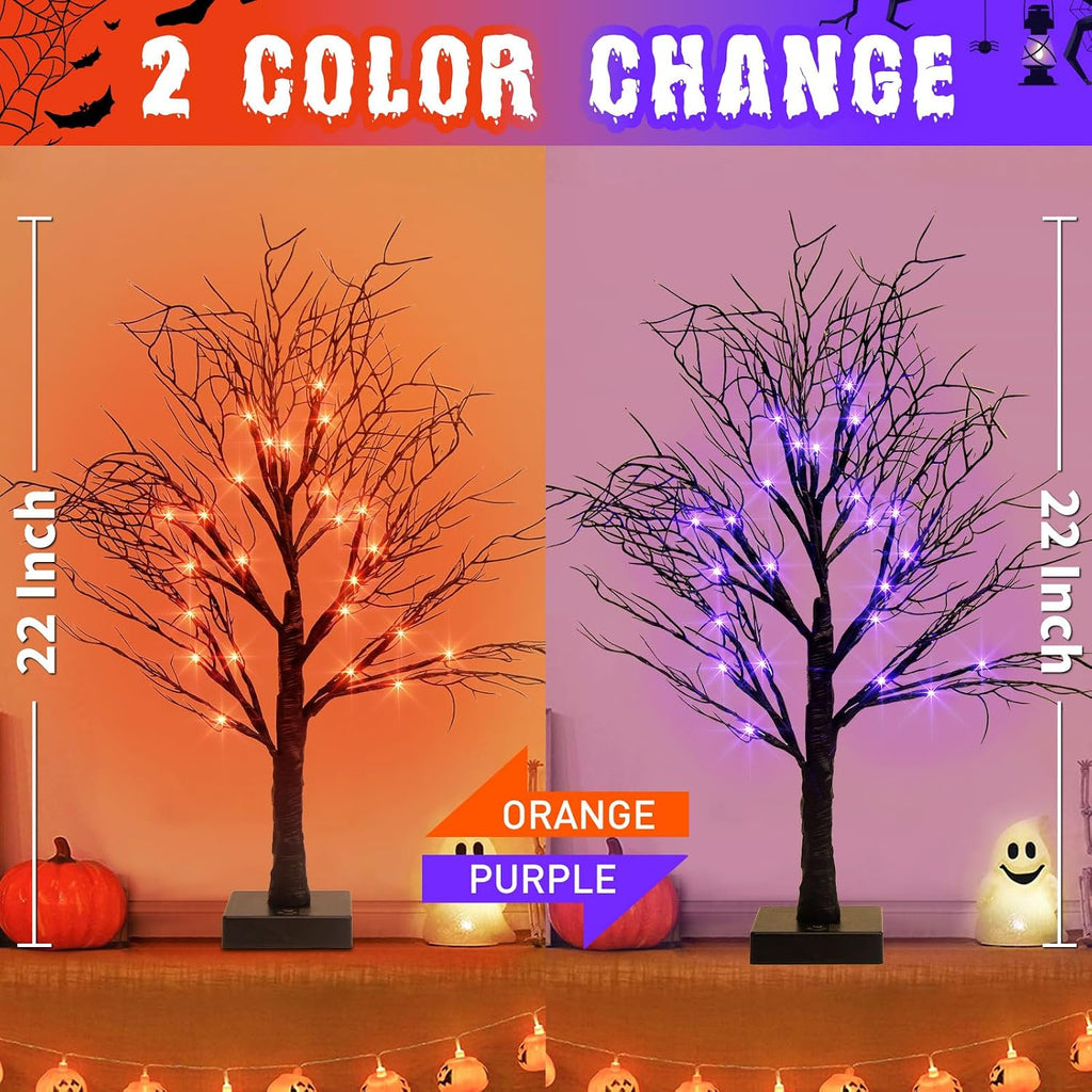 Halloween Tree, Black Tree with Orange Purple Bi-Color Led Lights 6 Functions, USB & Battery Operated Lighted - Set of 2