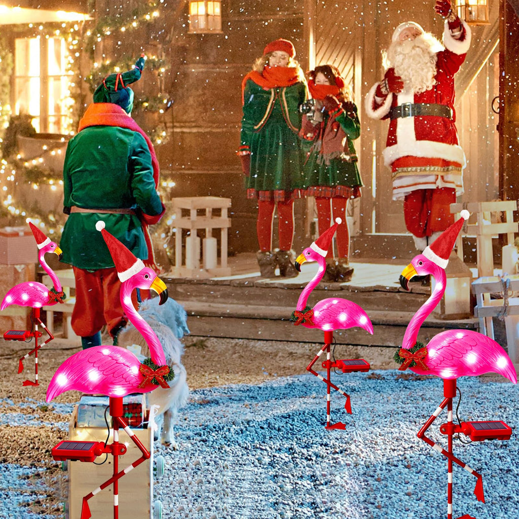 Solar Outdoor Lights Christmas Decor, Solar Xmas Flamingo Lights Waterproof Garden Decor, Flamingo Stake Lights for