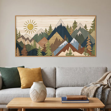 Large Abstract Mountain Woodcut Framed Canvas Wall Art, Vintage Pine Tree Wall Decor, Rustic Nature Forest