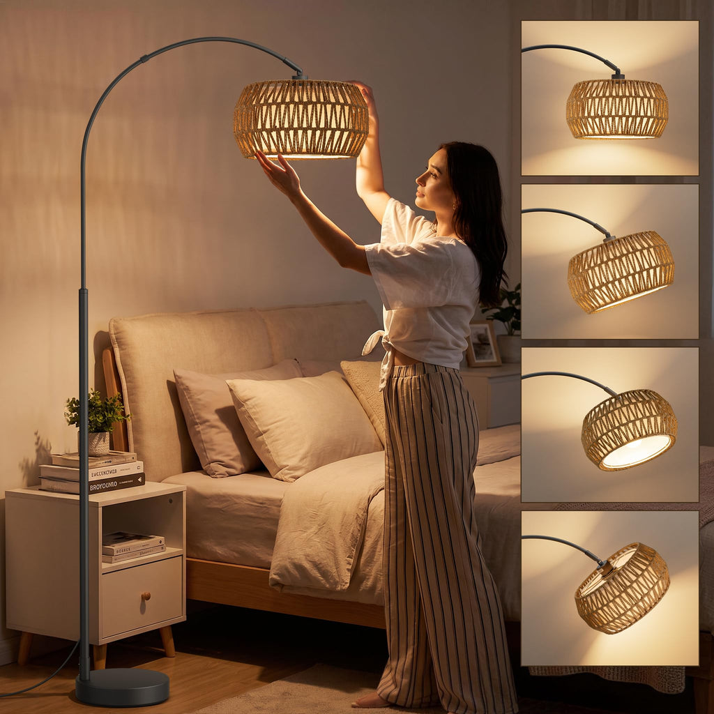 Boho Arc Floor Lamp, Color Temperatures and Brightness Adjustable