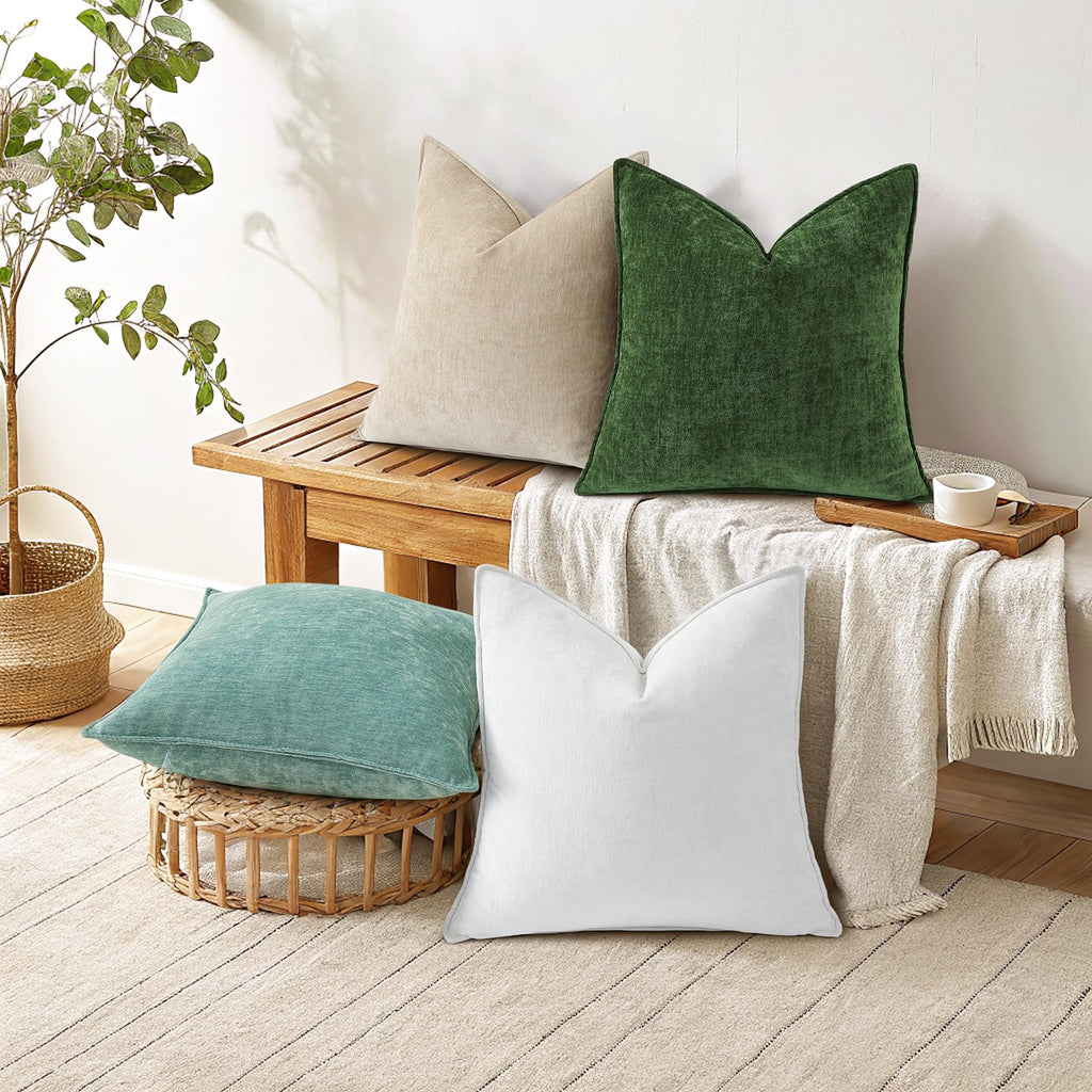 Chenille Cream White Velvet Throw Pillow Covers 20x20 Set of 2