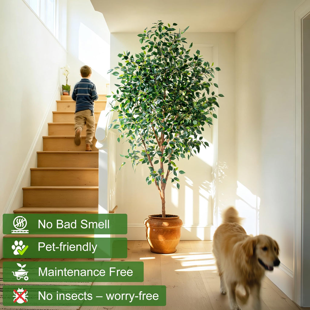 Ficus Tree Artificial 7ft Tall, Faux Ficus Tree Indoor with Real Wood Trunk