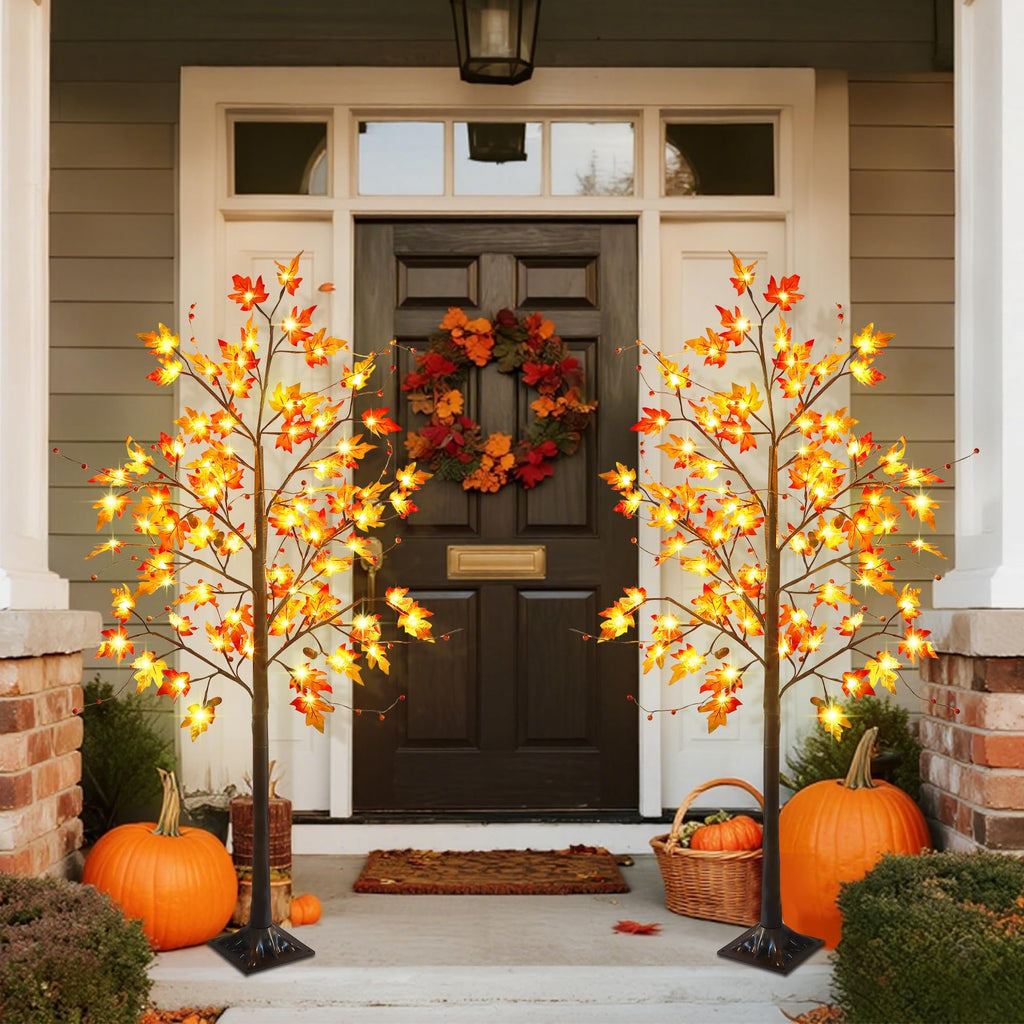 2 Pack LED Lighted Maple Tree, 5 FT Lighted Artificial Tree for Thanksgiving Harvest Fall Festival Halloween Home