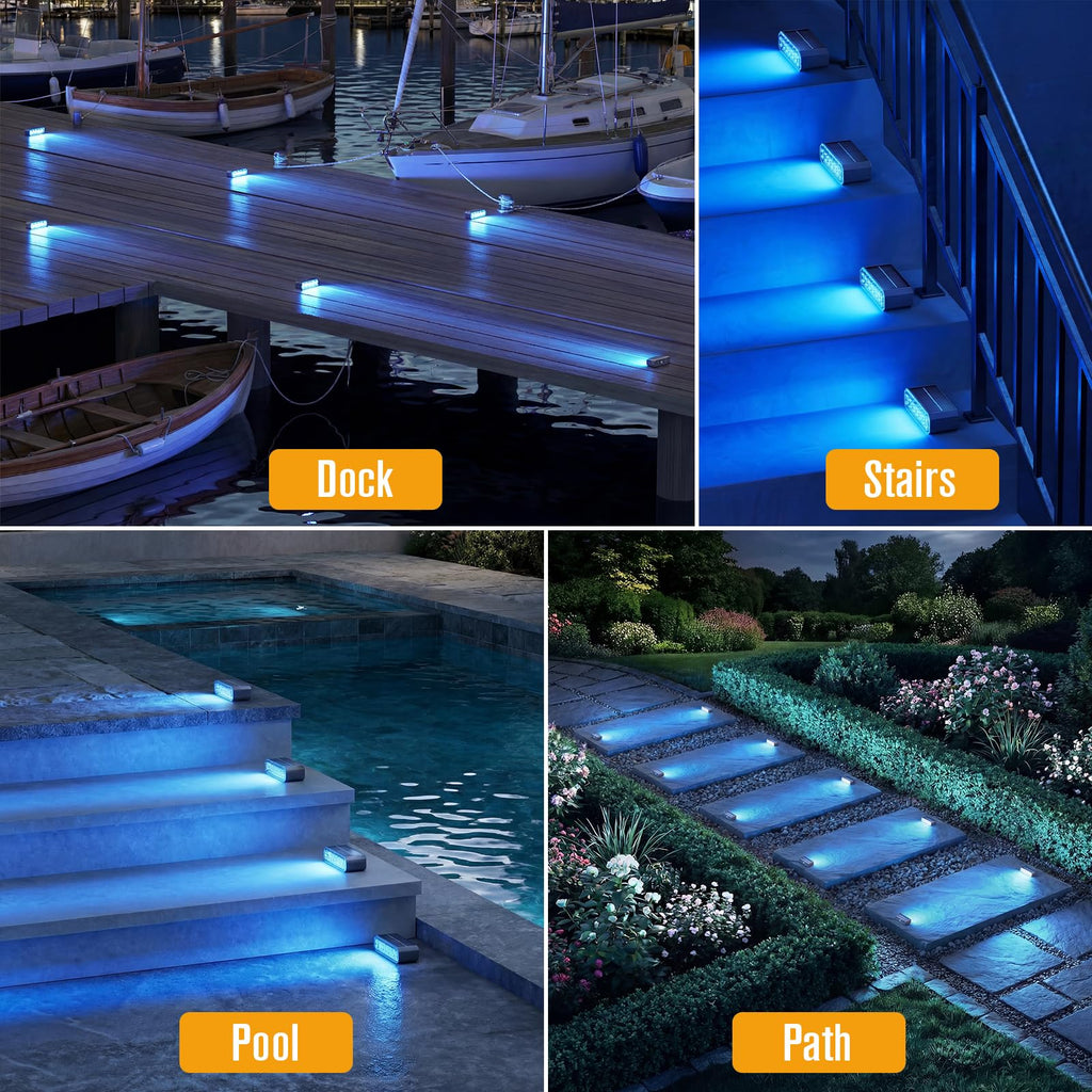 Blue Solar Step Lights for Pool, Deck, Dock & Stairs, 6 Pack Cool Blue Outdoor Lighting - Auto On/Off, IP67 Waterproof