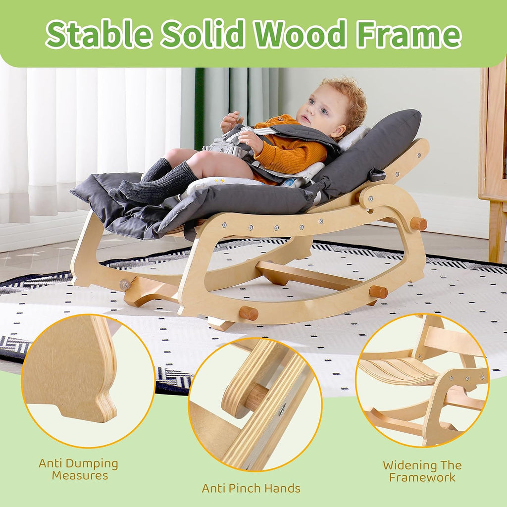 In-1 Baby Rocker Chair with Double Cushions, for 0-12 Months, Adjustable Wooden Infant Rocker with Removable