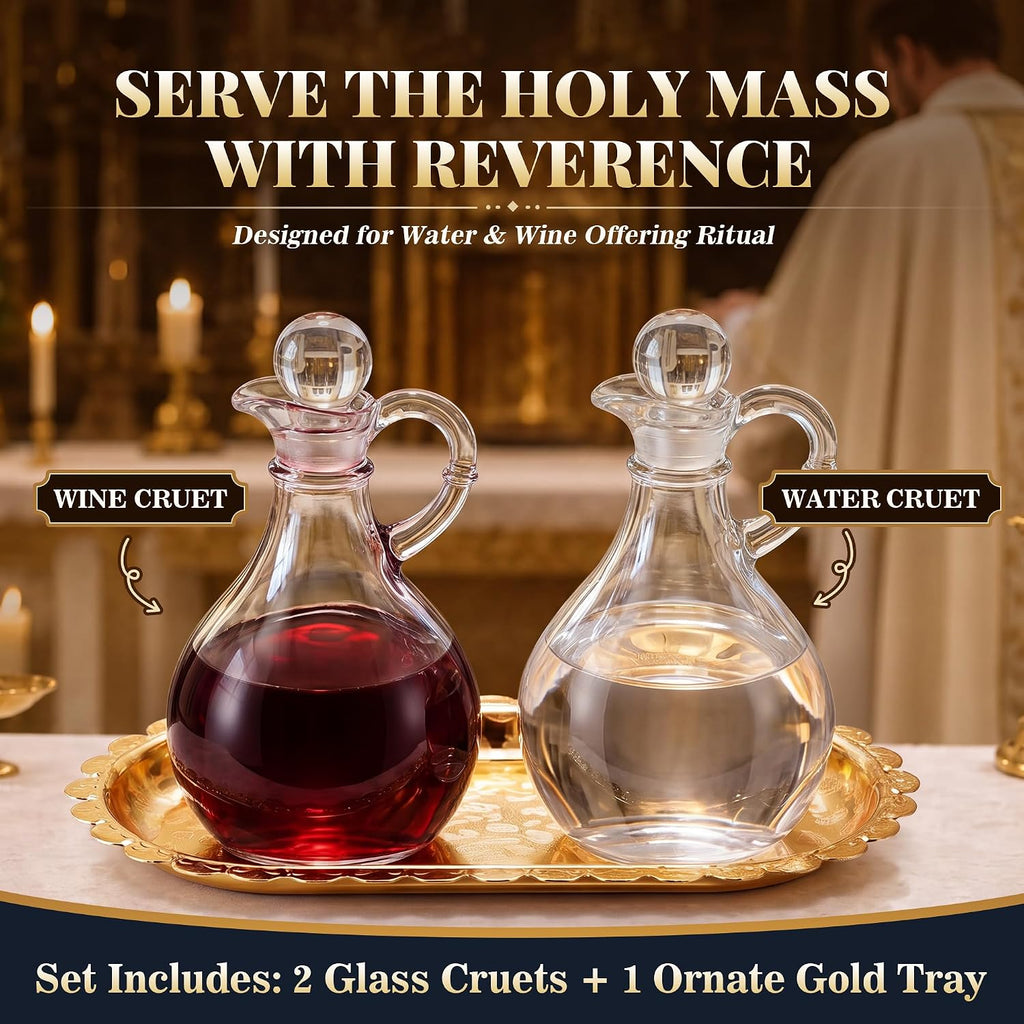Catholic Church Oil & Vinegar Bottle Dispensers Glass Cruet Set with Tray - Set of 2