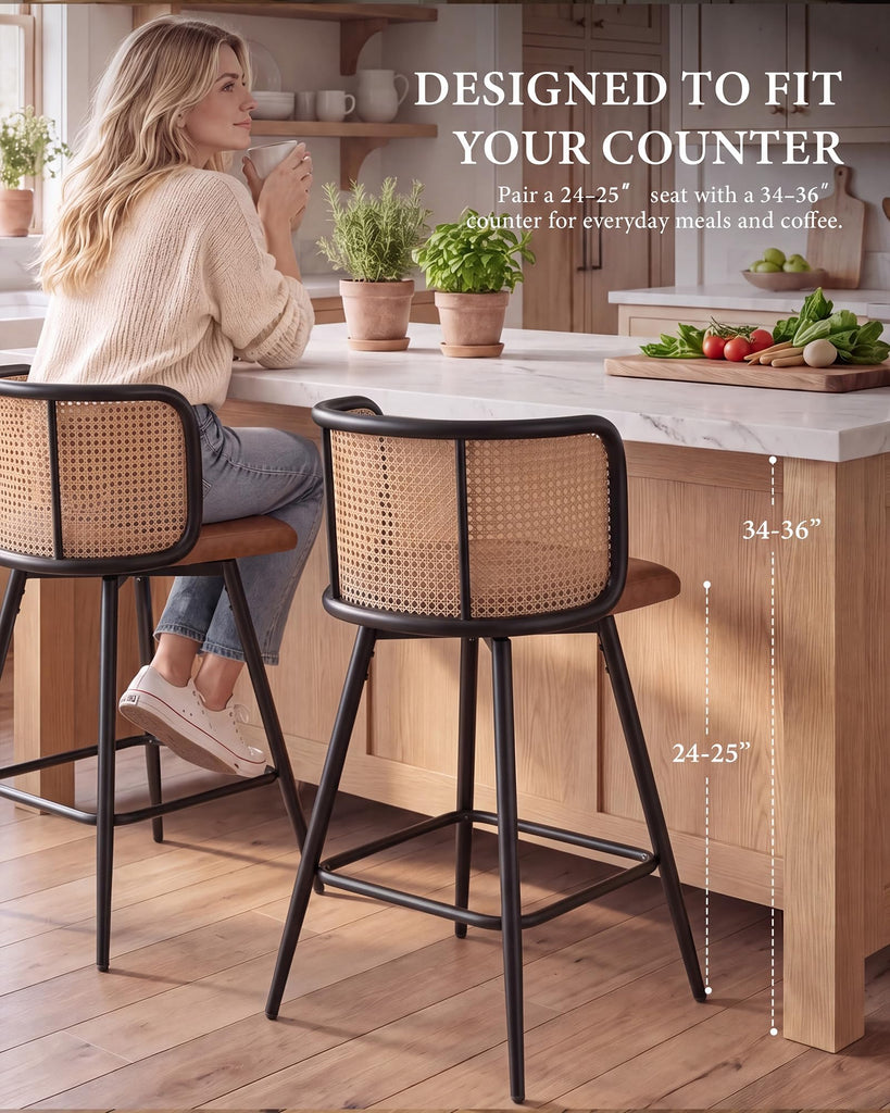 26" Swivel Rattan Bar Stools Set of 2, Counter Height Barstools, Brown