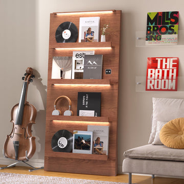 63" Vinyl Record Storage, 3-Color LED Lights Display Shelf, Brown