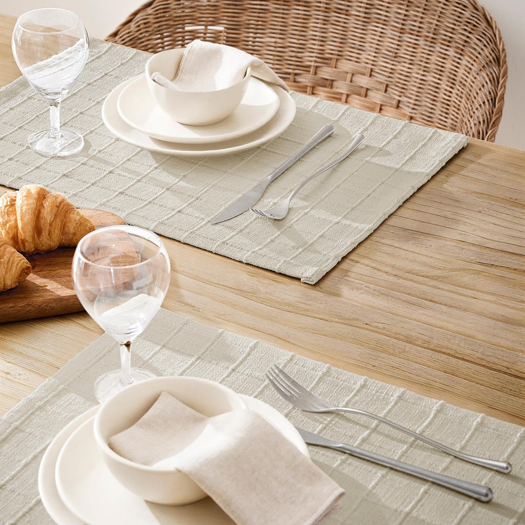 Artisanal Grid Decorative Linen Placemats Set of 4, Ivory