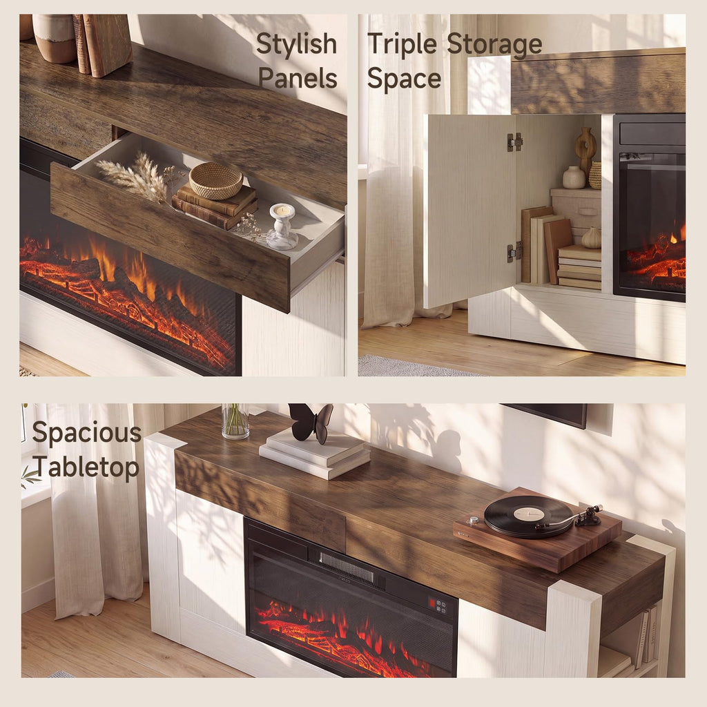 Modern 70 inch TV Stand with Electric Fireplace and Storage, White