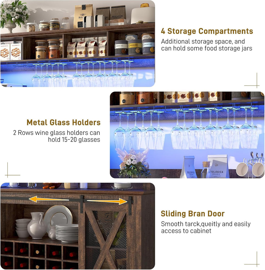 63"Wide 58"H Farmhouse Coffee Bar Cabinet with Power Outlet and LED Light,Wine Bar Cabinet w/ 4 Storage Hutch,Kitchen