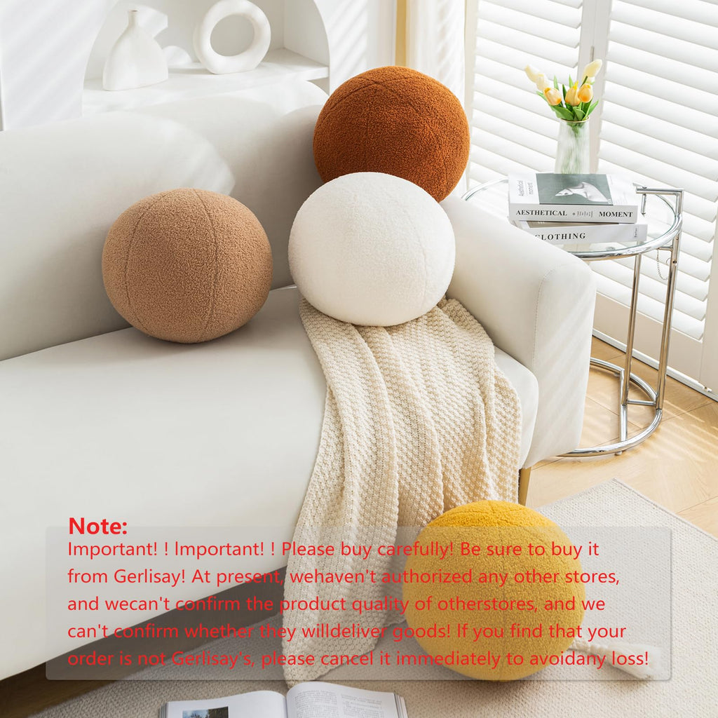 Ball Pillow, Round Sphere Decorative Throw Pillow Boucle 11.8" Caramel