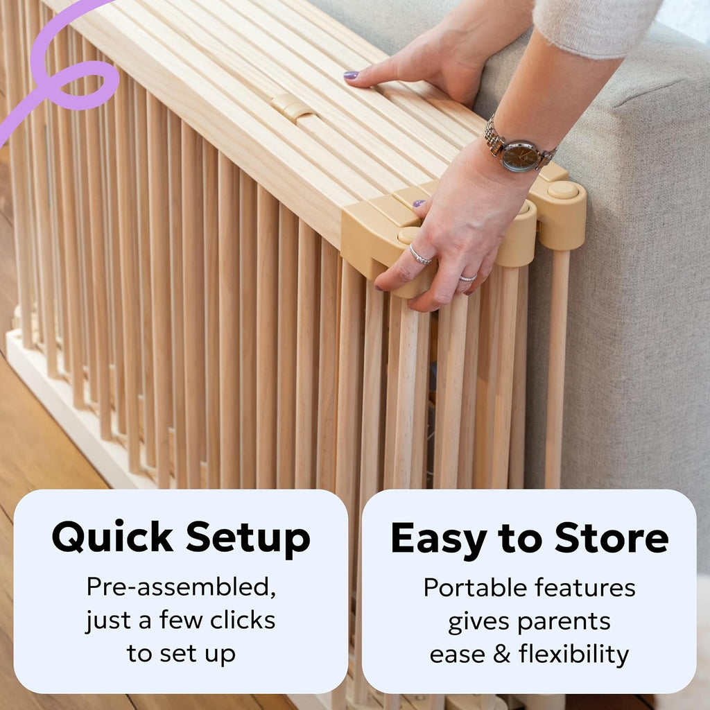 Baby Playpen, Wooden Playpen for Babies and Toddlers, Foldable Fence with Montessori Activity Panel, Storage Basket &