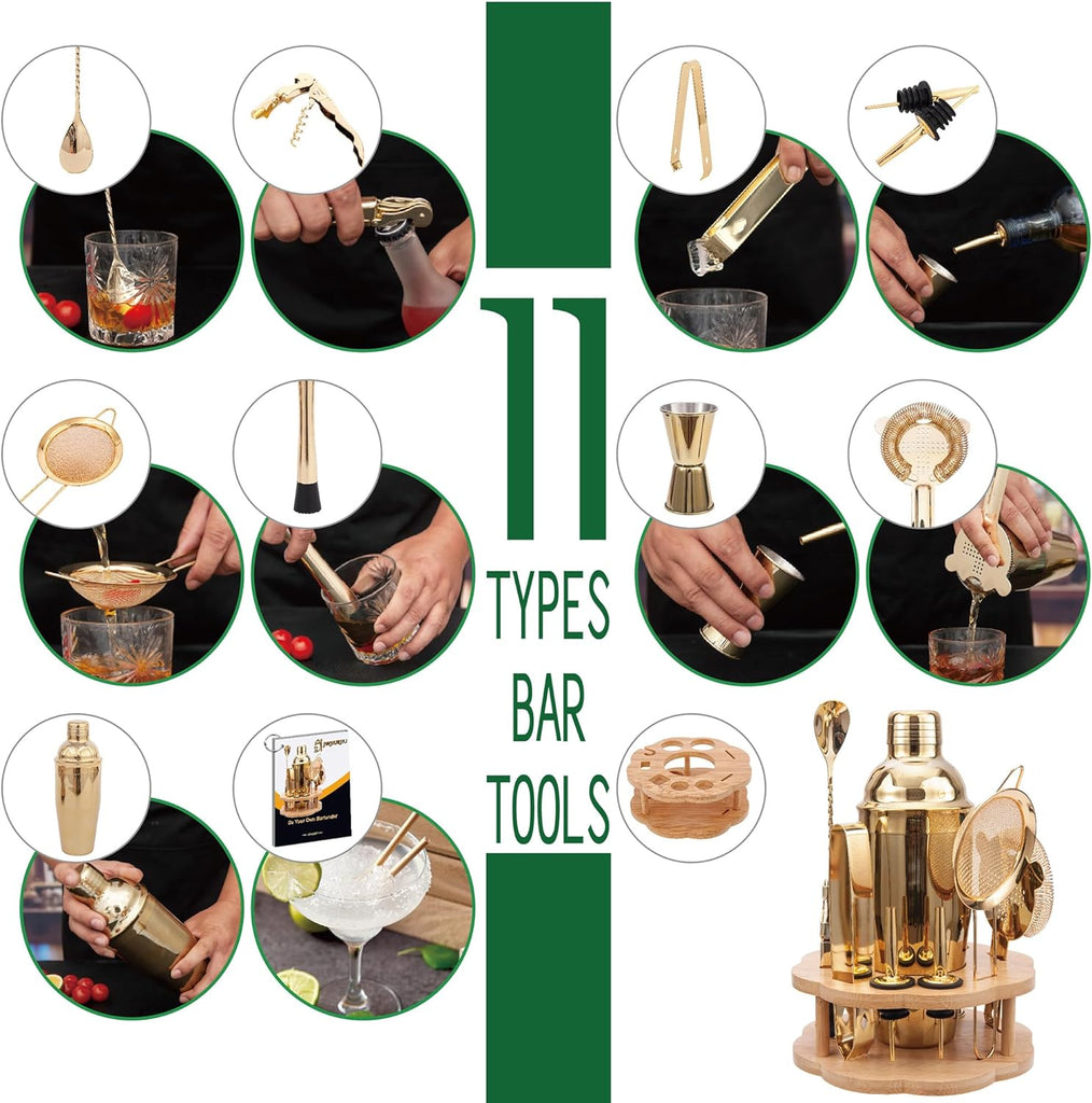 Cocktail Shaker Set Bartender Kit with Rotatble Bamboo Stand, Bar Set Stainless Steel Bar Accessories - Set of 11