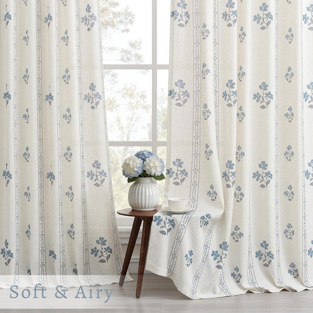 Blue Grey Pinch Pleated Floral Curtains 84 Inches Long for Living Dining Room Pinch Pleat Light Filtering Linen Semi